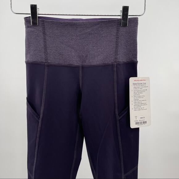 LULULEMON Rebel Runner Crop Legging Grape Stripe Zipper Athleisure NWT Size 2 - Picture 7 of 16